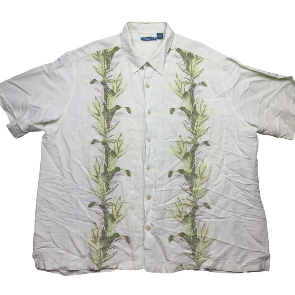 Cubavera Button Up Shirt Mens 2X Linen Blend S/S Hawaiian Green Floral Beach‎
